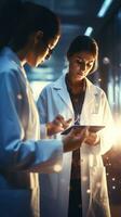 a picture of two female doctors in white coats with a phonendoscope around their neck holding a tablet photo