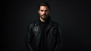 a man wearing a jacket standing against a black background photo