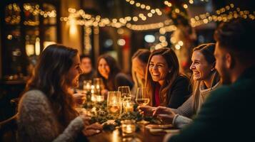 People at a table celebrating christmas with sparkly sparkling lights photo