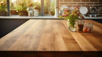 A wooden table top is shown in sharp focus against a blurred kitchen background in a detailed photograph photo