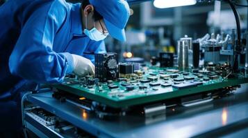 a worker handling an electronic circuit board.  the worker is assembling or testing the board photo