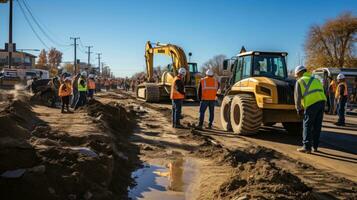 men operating heavy machinery at a construction site on a road photo