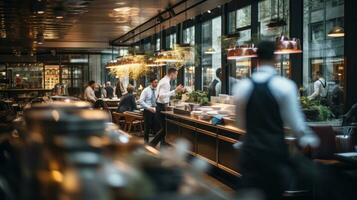 a restaurant scene with a blurred background. In the foreground, there are people eating and chefs and waiters working. photo