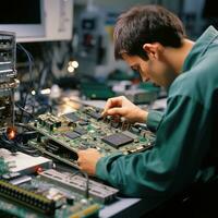 a worker handling an electronic circuit board.  the worker is assembling or testing the board photo