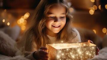 girl open gift box with light. Christmas magic mood photo