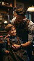 A barber trimming a boys hair with scissors photo