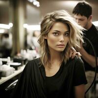 A woman getting a haircut in a salon photo