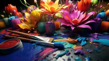 colorful paints and brushes photo