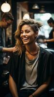 A woman getting a haircut in a salon photo