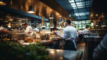 a restaurant scene with a blurred background. In the foreground, there are people eating and chefs and waiters working. photo