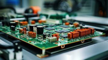 a worker handling an electronic circuit board.  the worker is assembling or testing the board photo