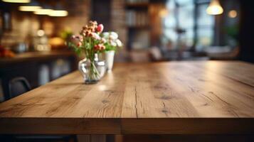 A wooden table top is shown in sharp focus against a blurred kitchen background in a detailed photograph photo