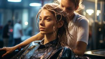 A woman having her hair styled with a flat iron photo