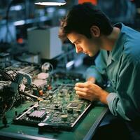 un trabajador manejo un electrónico circuito tablero. el trabajador es montaje o pruebas el tablero foto