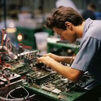 a worker handling an electronic circuit board.  the worker is assembling or testing the board photo