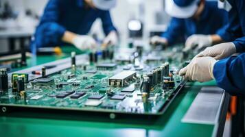 a worker handling an electronic circuit board.  the worker is assembling or testing the board photo