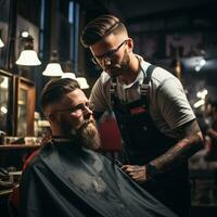 un Barbero guarnición un del hombre barba con tijeras foto