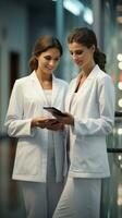 a picture of two female doctors in white coats with a phonendoscope around their neck holding a tablet photo