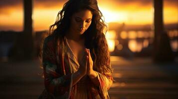 a young woman is sitting inside a church and appears to be deep in prayer. photo