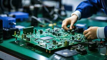 a worker handling an electronic circuit board.  the worker is assembling or testing the board photo