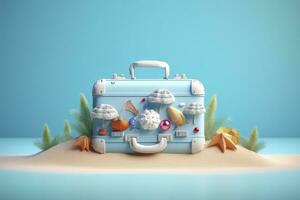 Creative Summer Beach Composition in Suitcase on Blue Background, A Travel Concept Idea in 3D Rendering. AI Generative photo