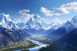 The beauty of a majestic and snow capped mountain range, with rugged peaks, AI Generative photo