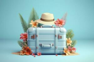 Creative Summer Beach Composition in Suitcase on Blue Background, A Travel Concept Idea in 3D Rendering. AI Generative photo