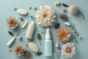 Fresh floral skincare concept. Top view flat lay of pump bottle, pipette, cream bottles, and tubes with flowers on pastel blue background with an empty circle for text or branding. AI Generative photo