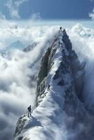 hombre en parte superior de montaña, caminando mediante nubes, ai generativo foto