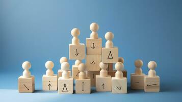 Many wooden cubes with people symbols and one with a lightbulb symbol on blue background. AI Generative photo