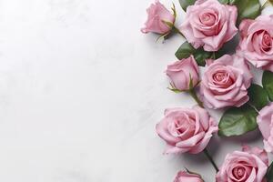 Close up of blooming pink roses flowers and petals isolated on white table background. Floral frame composition. Decorative web banner. Empty space, flat lay, top view. AI Generative photo