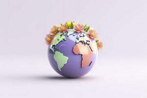 3D Cute Earth with Flower on White Background. Planet Earth Day or Environment Day Concept. AI Generative photo