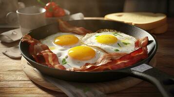 Bacon and eggs in a pan. Composition with tasty fried eggs and bacon on wooden table. AI Generative photo