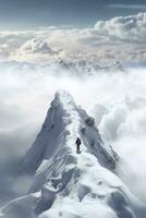 Man on top of mountain, walking through clouds, AI Generative photo