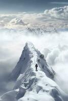 hombre en parte superior de montaña, caminando mediante nubes, ai generativo foto