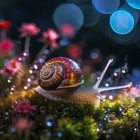 Iridescent Snail in a Fairy Forest, Close Up of a Shimmering Shell. AI Generative photo