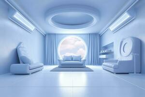 A professional and eye catching light blue with white living room in the metaverse, futuristic, AI Generative photo