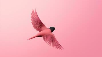 Pink bird flying on solid minimalist pink background photo