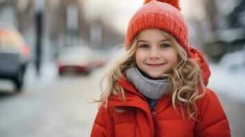 Capturing Positive Emotions A Young Woman Poses Outdoors  Winter. photo