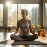 The elderly woman is sitting cross-legged on a purple yoga mat photo