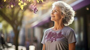 The elderly woman is sitting cross-legged on a purple yoga mat photo