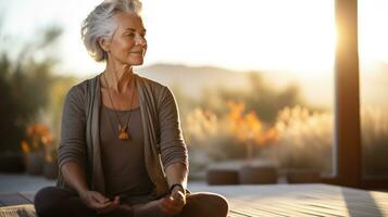 The elderly woman is sitting cross-legged on a purple yoga mat photo