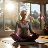 The elderly woman is sitting cross-legged on a purple yoga mat photo