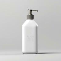 Cosmetic rounded all white soap bottle mockup on white table. AI Generative photo