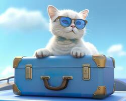 Cute cat on blue suitcase with sunglasses. AI Generative photo