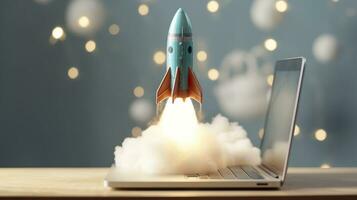 A small rocket takes off from a Laptop with vibrant color combinations in light sky blue and light gray colors for a website, business, and financial success concepts.  AI Generative photo