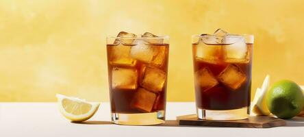 Glasses of tasty Long Island iced tea on light background. AI Generative photo