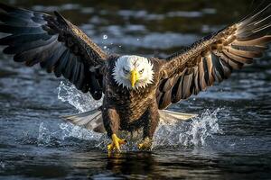 Fishing Bald Eagle, a bald eagle facing camera catches a fish out of the water, in the style of National Geographic contest winner, super telephoto close up. AI Generative photo