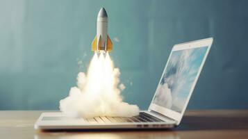 A small rocket takes off from a Laptop with vibrant color combinations in light sky blue and light gray colors for a website, business, and financial success concepts.  AI Generative photo