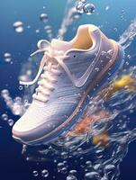 Deportes Zapatos rodeado por transparente flores, salpicaduras con agua gotas, emitiendo ligero blanco azul, ai generativo foto